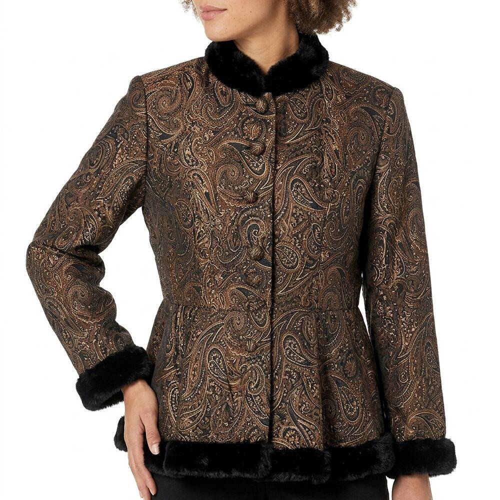 Nicowa Muchen West-Germany Brown Paisley Faux Fur Trim Peplum Jacket Women